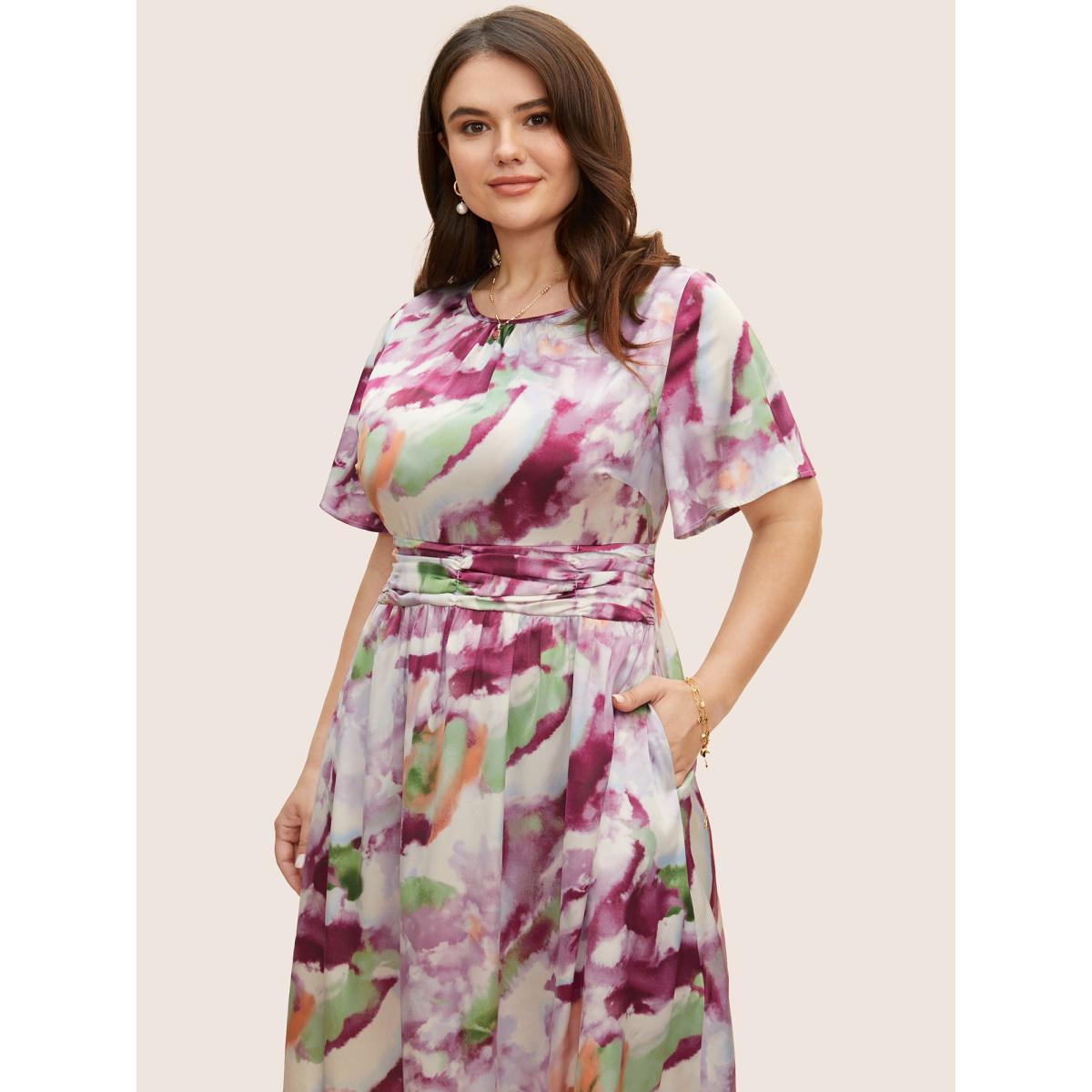 Plus Size Watercolor Floral Print Ruched Ruffle Sleeve Dress Lilac Women Elegant Gathered Round Neck Short sleeve Curvy BloomChic 30/6X Product Image