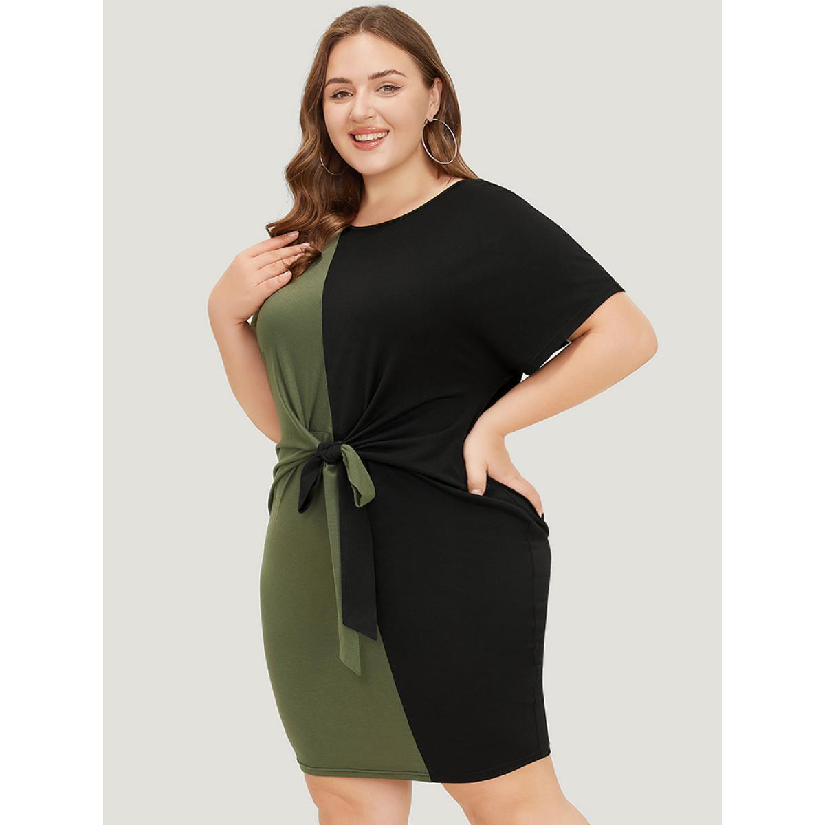 Plus Size Two Tone Batwing Sleeve Knot Front Dress ArmyGreen Women Casual Contrast Round Neck Short sleeve Curvy Knee Dress BloomChic 28/5X Product Image
