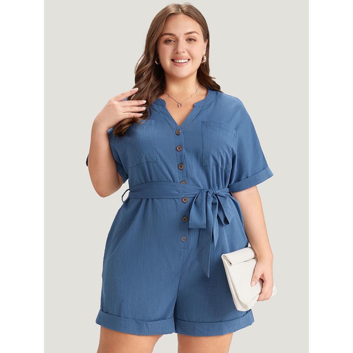 Plus Size Stone Anti-Wrinkle Solid Patched Pocket Notched Button Up Belt Romper Women Office Short sleeve Notched collar Work Loose Jumpsuits BloomChic 12/L Product Image
