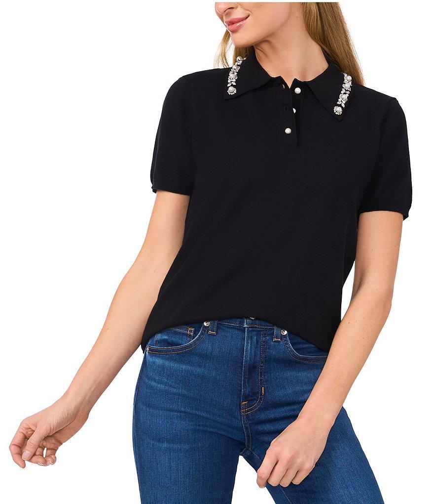 CeCe Polo Collar Short Sleeve Embellished Sweater Product Image