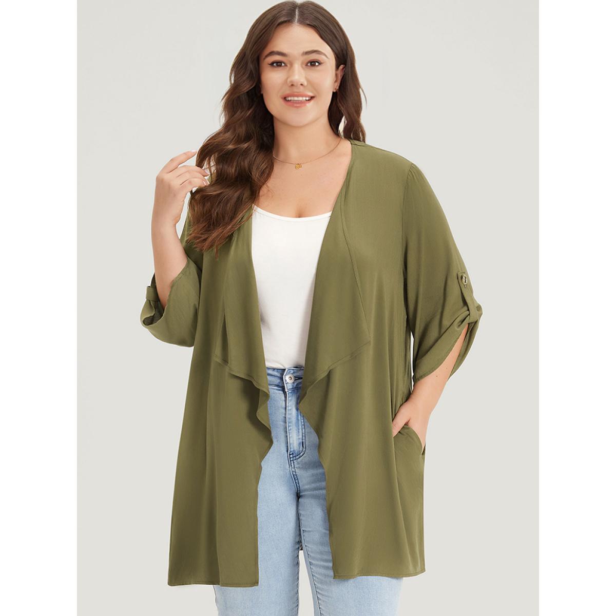 Plus Size Supersoft Essentials Plain Pocket Button Ruffle Open Front Kimono Women ArmyGreen Casual Plain Loose Pocket Dailywear Kimonos BloomChic 30/6X Product Image