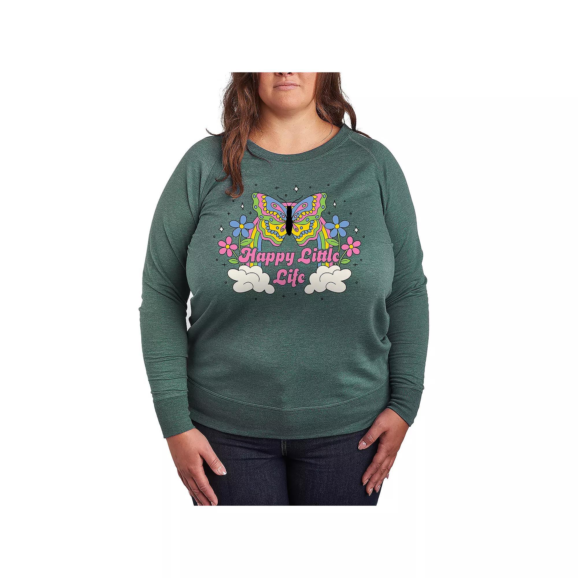 Plus Size Happy Little Life French Terry Long Sleeve Tee, Womens Grey Green Product Image