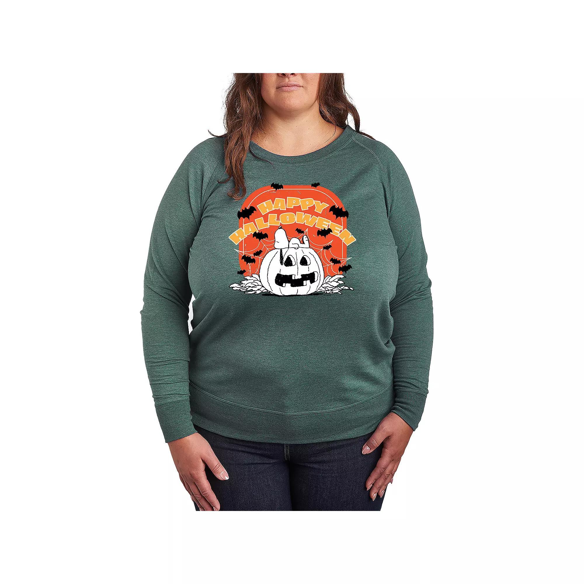 Plus Size Peanuts Snoopy Happy Halloween French Terry Long Sleeve Tee, Womens Grey Green Product Image