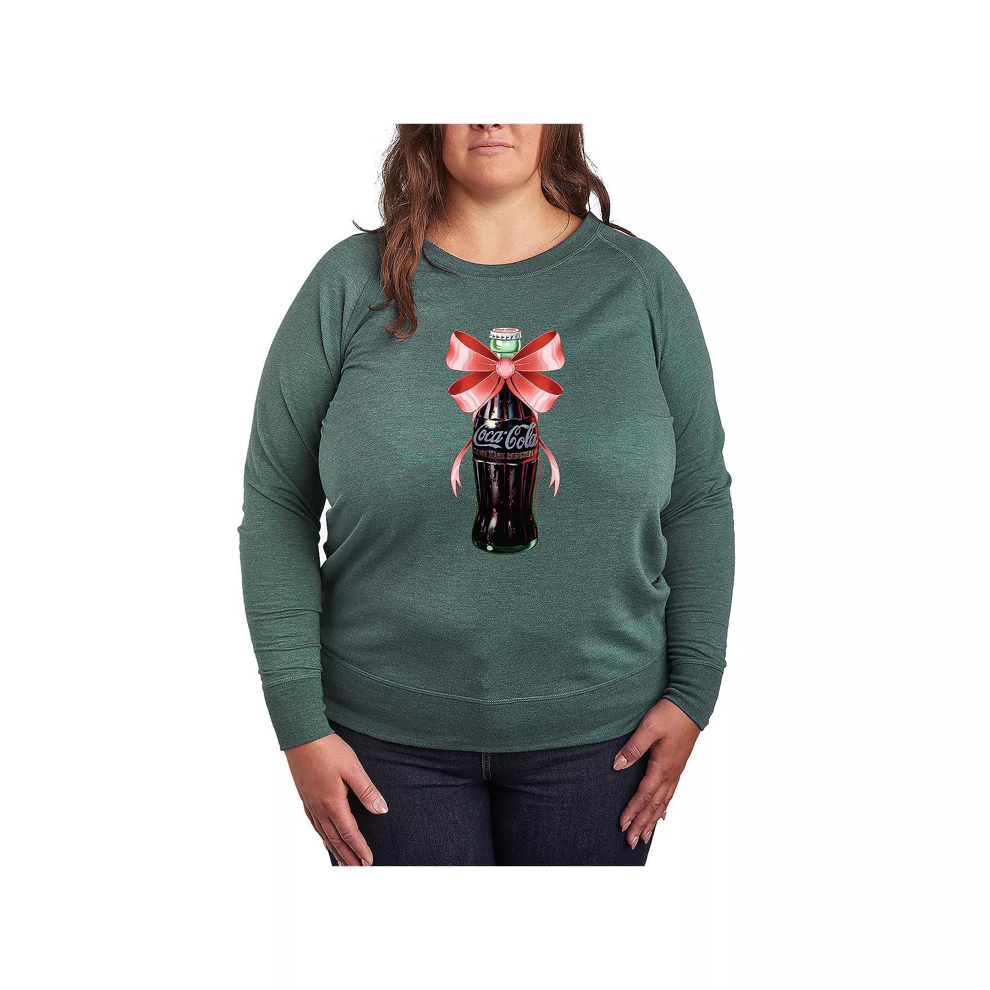 Plus Size Coca-Cola Bottle Bow French Terry Long Sleeve Tee, Womens Grey Green Product Image