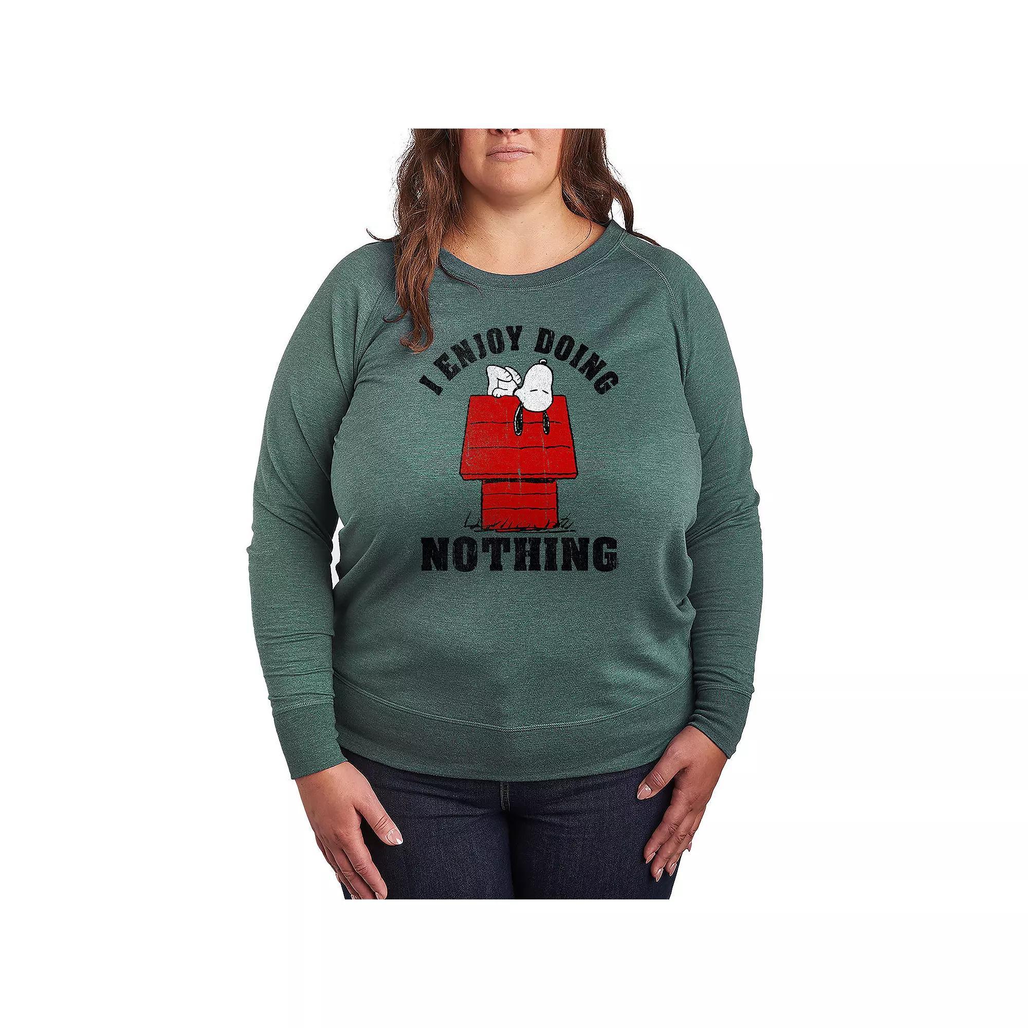Plus Size Peanuts Snoopy Doing Nothing French Terry Long Sleeve Tee, Womens Grey Green Product Image
