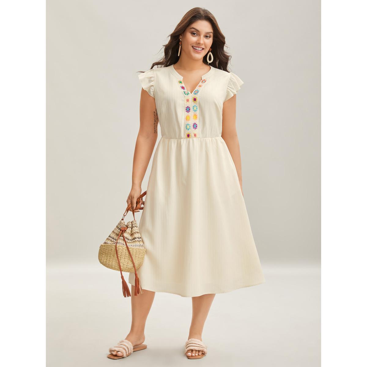 Plus Size Notched Collar Spliced Pockets Midi Dress Beige Women Ruffles Notched collar Cap Sleeve Curvy BloomChic 14-16/1X Product Image