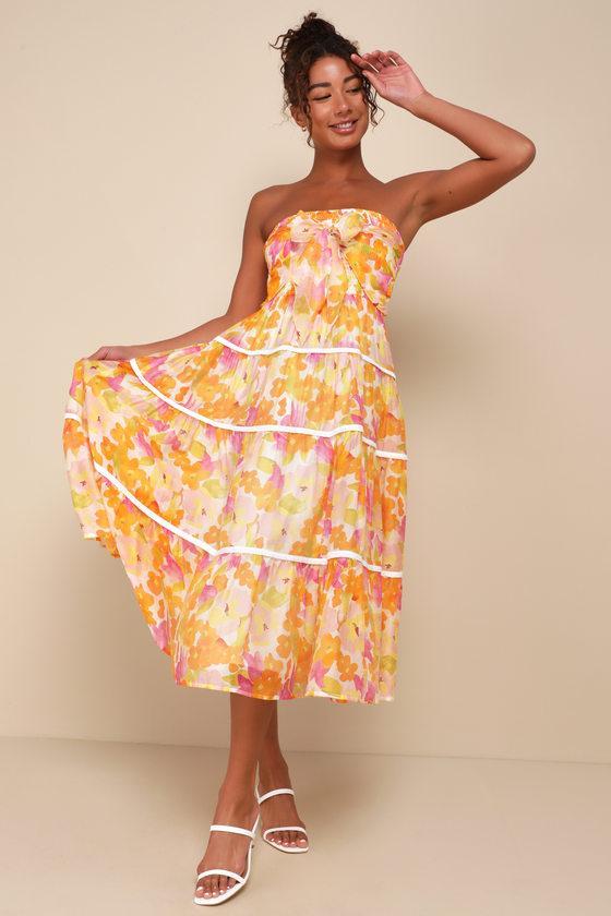 Sunlight Aura Orange Floral Strapless Tiered Midi Dress Product Image