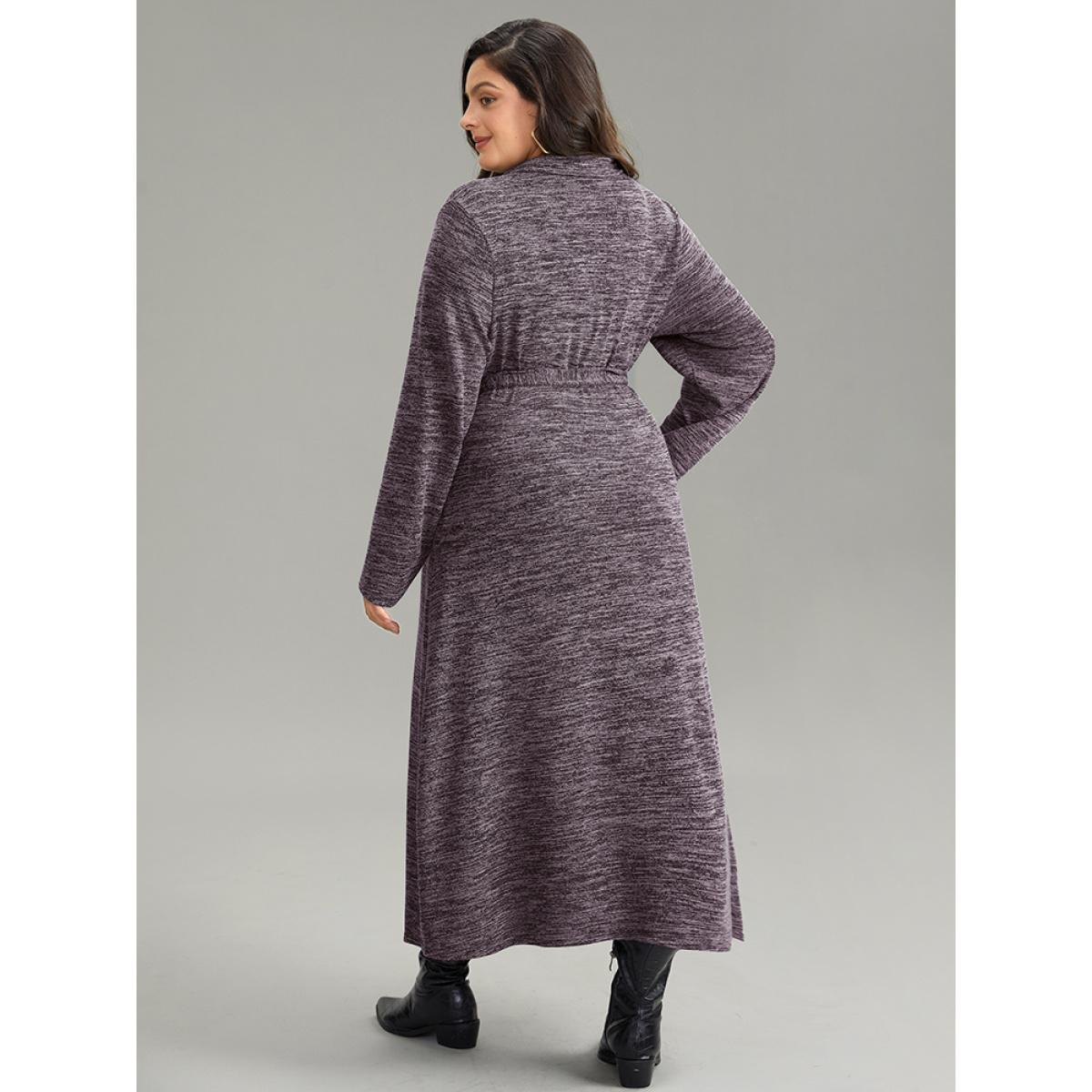 Plus Size Solid Pocket Elastic Waist Ties Split Hem Dress Purple Women Casual Plain Lapel Collar Long Sleeve Curvy Midi Dress BloomChic 10/M Product Image
