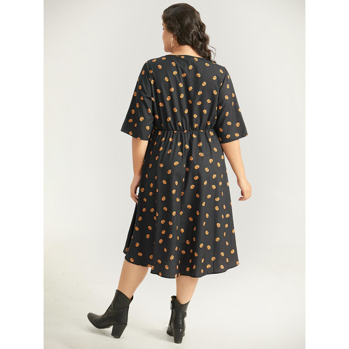 Plus Size Halloween Pumpkin Print Pocket Elastic Waist Dress Black Women Elegant Gathered V-neck Half Sleeve Curvy Midi Dress BloomChic 18-20/2X Product Image