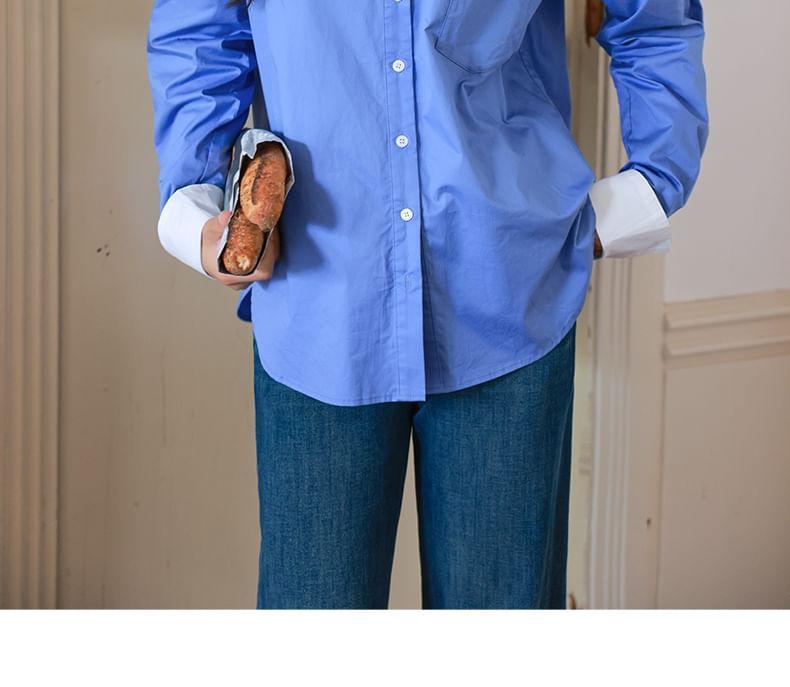 Long-Sleeve Contrast Cuff Button-Up Shirt Product Image