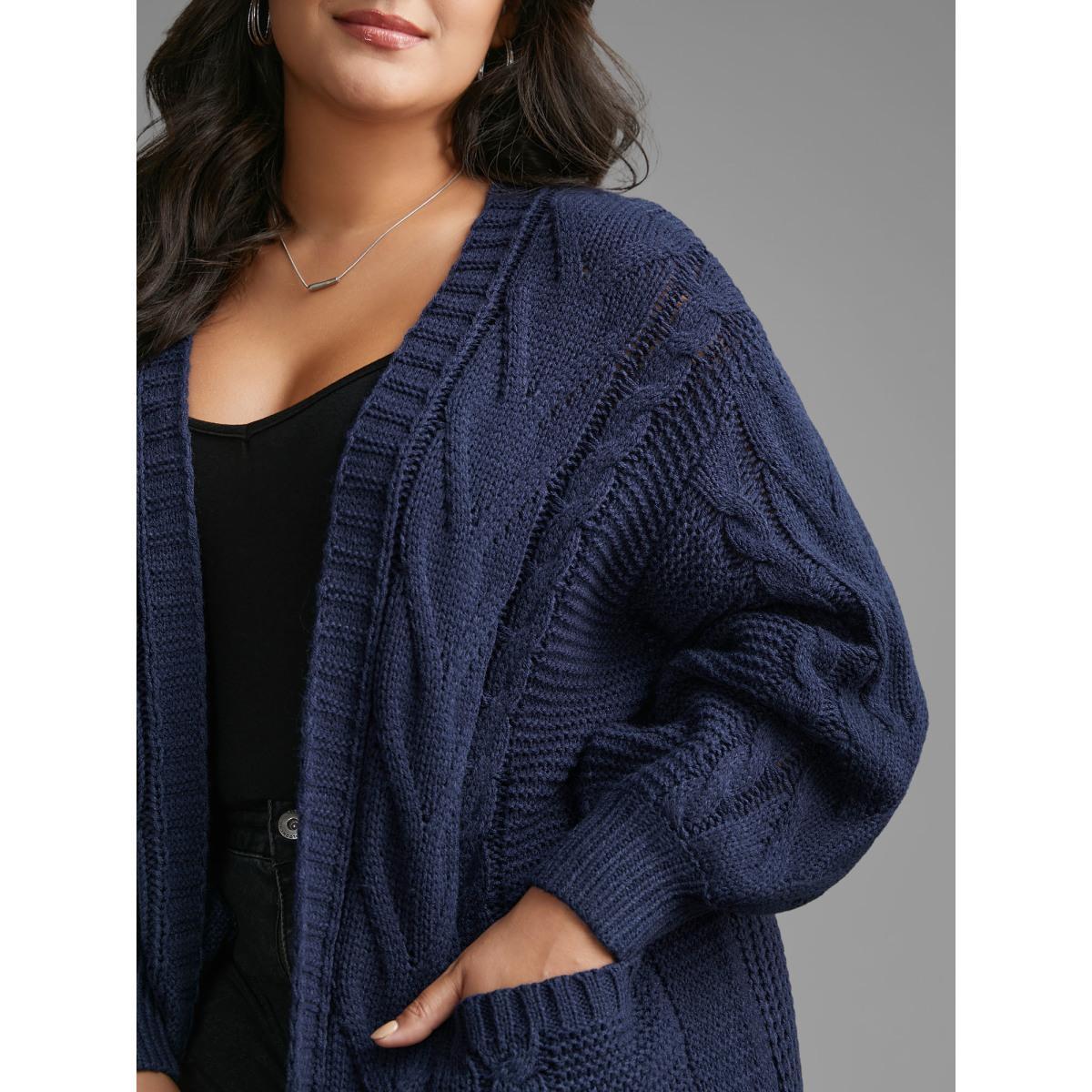 Plus Size Texture Cable Knit Patched Pocket Cardigan Indigo Women Casual Long Sleeve Everyday Cardigans BloomChic 18-20/2X Product Image