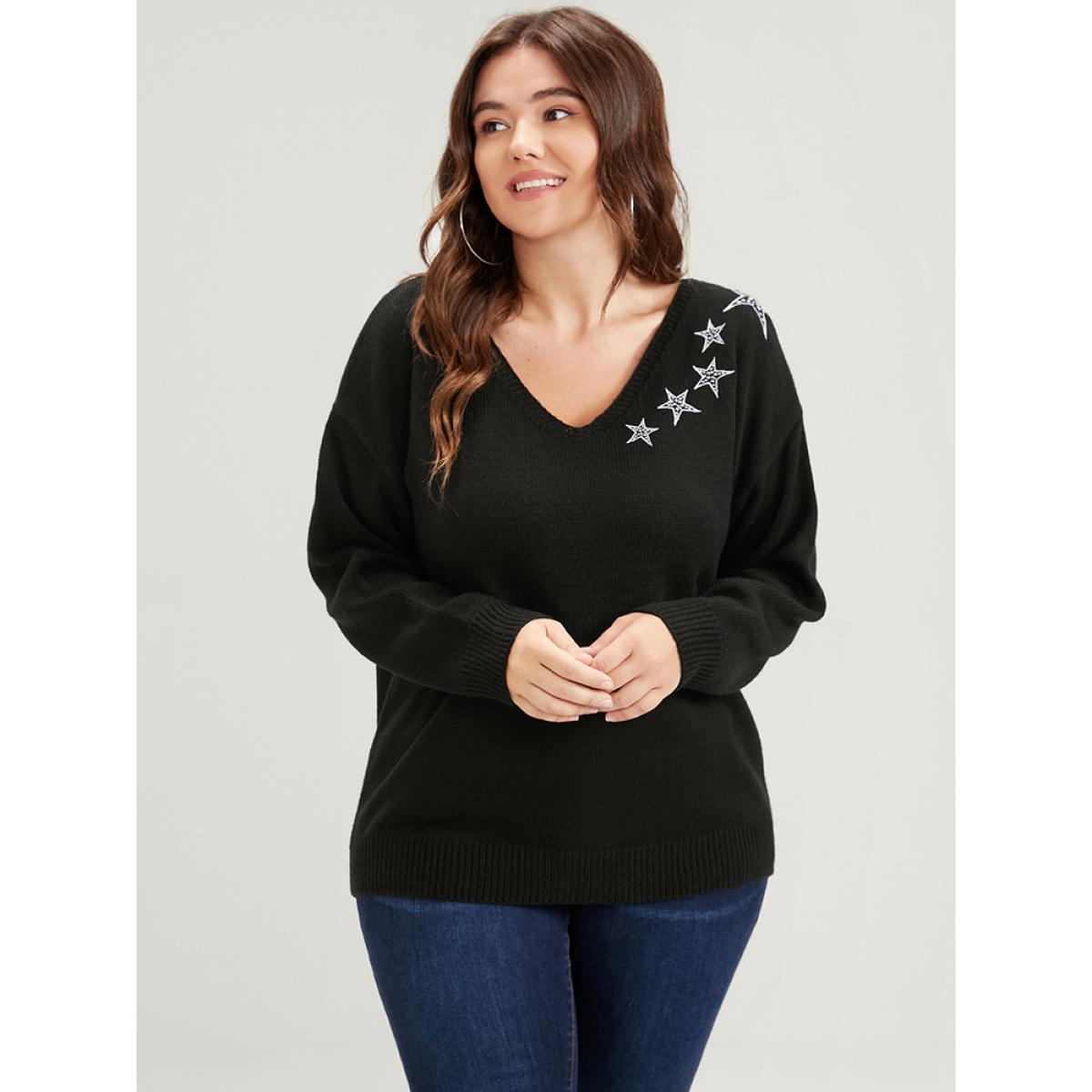 Plus Size Star Embroidered Pointelle Knit V Neck Knit Top Black Women Casual Long Sleeve V-neck Dailywear Pullovers BloomChic 10/M Product Image