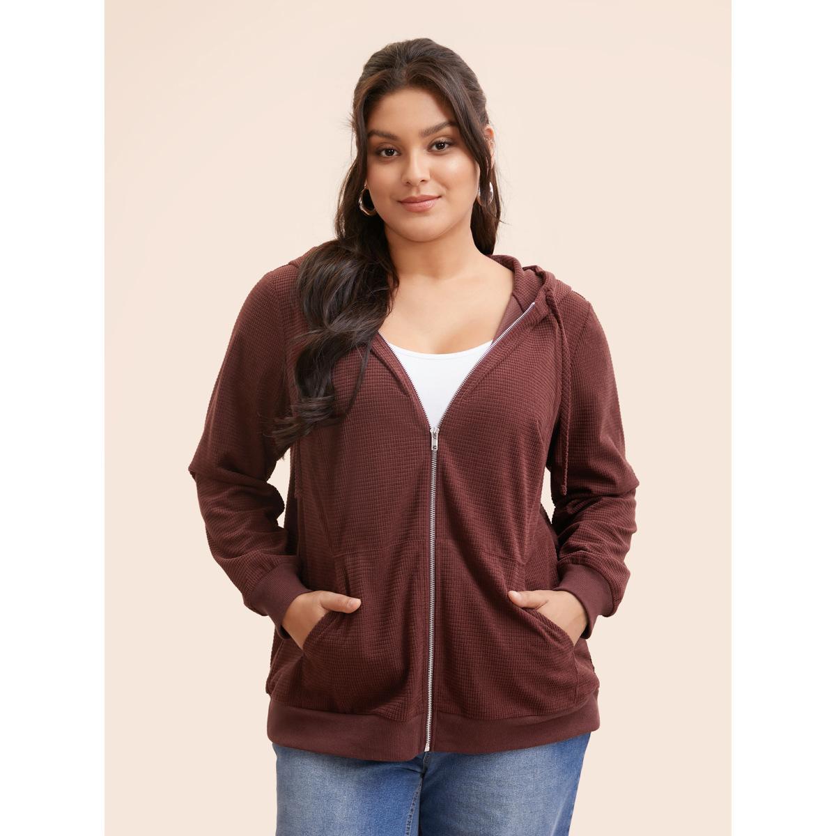 Plus Size Solid Corduroy Hooded Drawstring Sweatshirt Women Scarlet Casual Texture Hooded Everyday Sweatshirts BloomChic 22-24/3X Product Image