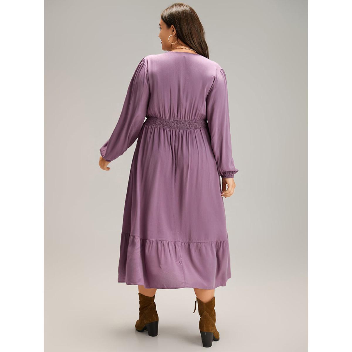 Plus Size Solid Eyelet Lace Shirred Wrap Flutter Hem Dress Mauve Women Elegant Elastic cuffs V-neck Long Sleeve Curvy Midi Dress BloomChic 30/6X Product Image