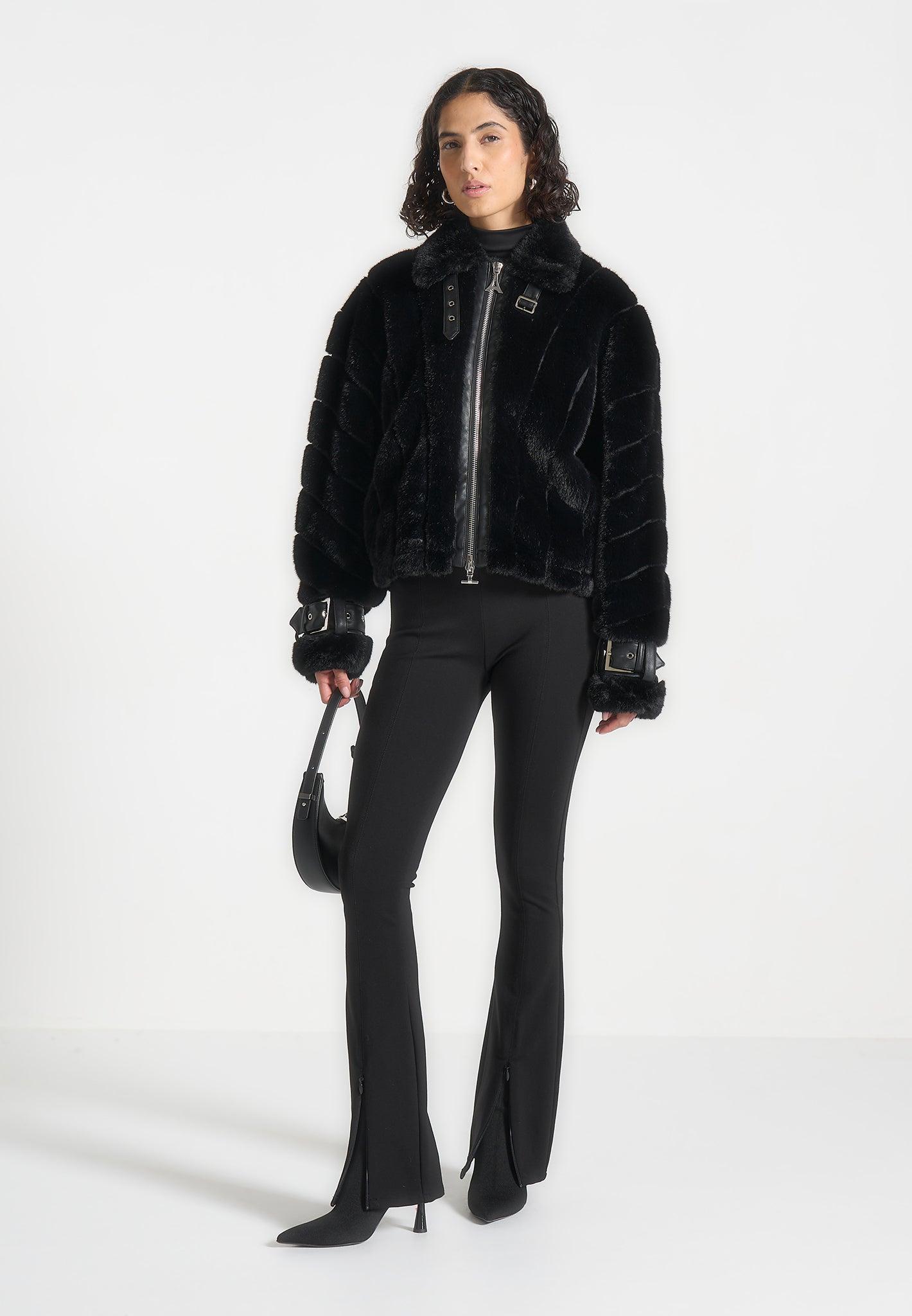 Oversized Ribbed Plush Jacket With Lapel - Black Female Product Image