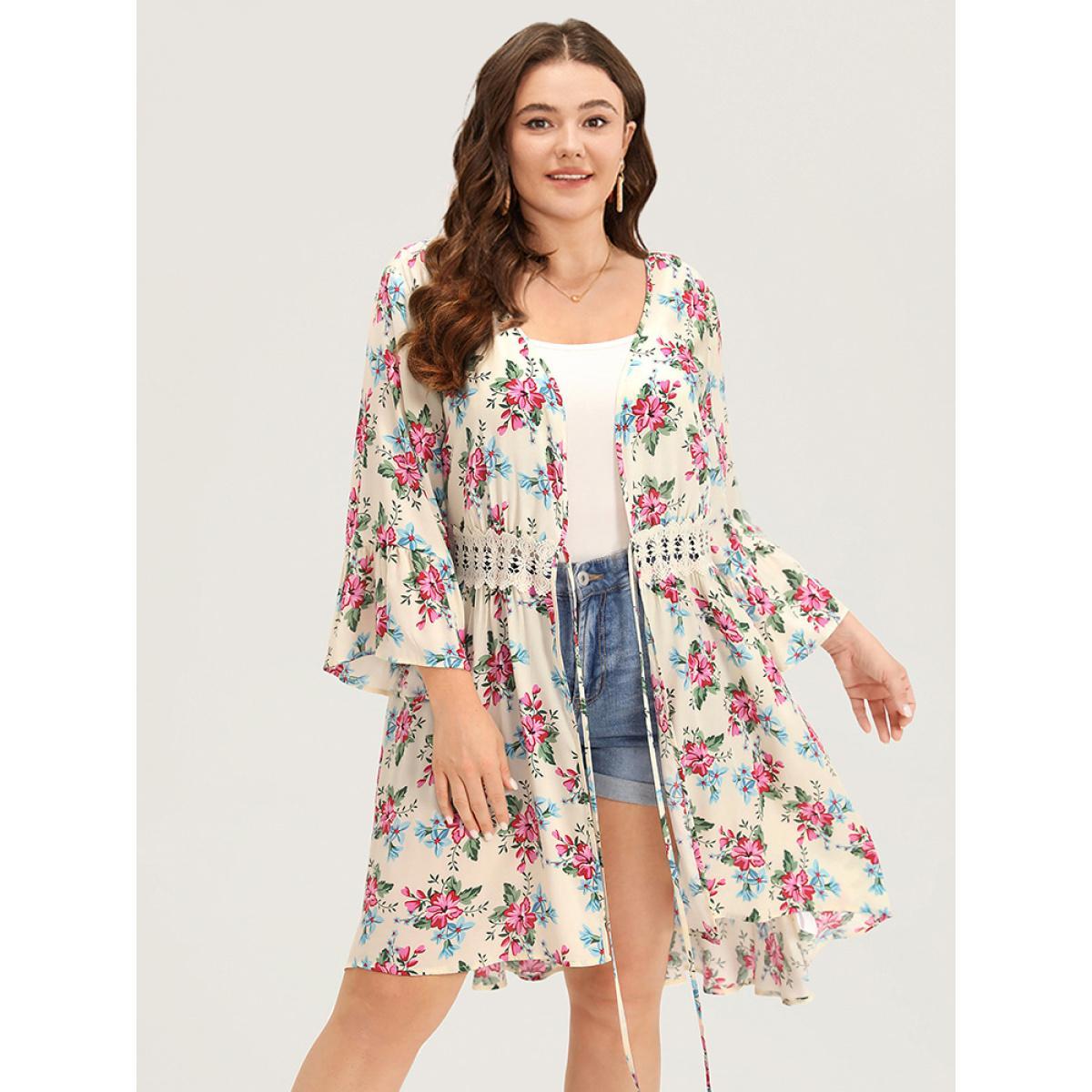 Plus Size Floral Print Open Front Knot Guipure Lace Ruffles Kimono Women Beige Vacation Printed Dailywear Kimonos BloomChic 28/5X Product Image