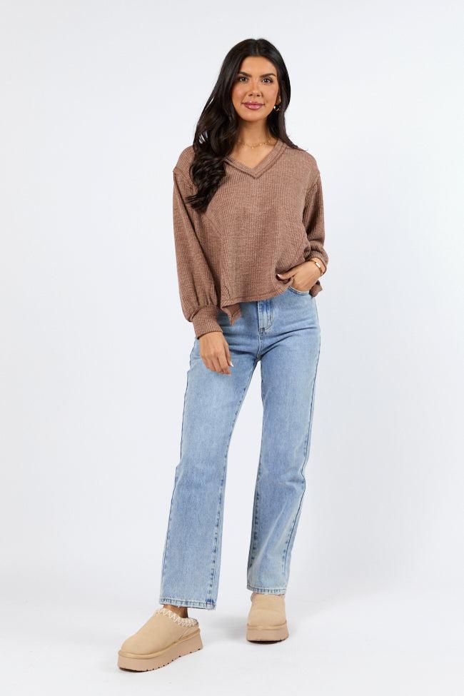 Never Say Never Mocha Ribbed Knit V-Neck Long Sleeve Top FINAL SALE Product Image
