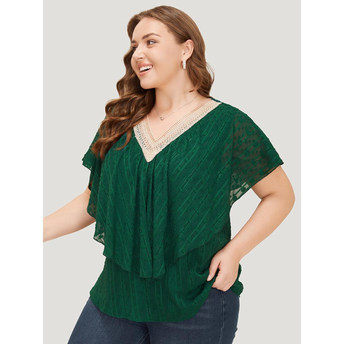 Plus Size DarkGreen Solid Textured Flutter Trim Contrast Lace Blouse Women Elegant Short sleeve V-neck Dailywear Blouses BloomChic 28/5X Product Image