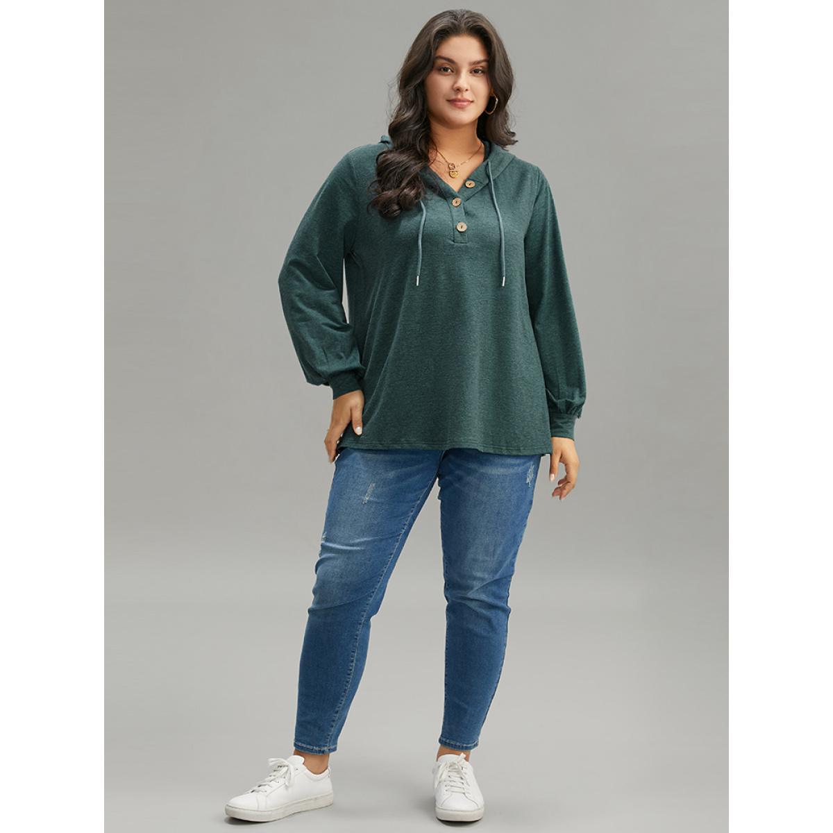 Plus Size Plain Drawstring Button Up Hooded Elastic Cuffs Sweatshirt Women Green Casual Elastic cuffs Hooded Dailywear Sweatshirts BloomChic 10/M Product Image