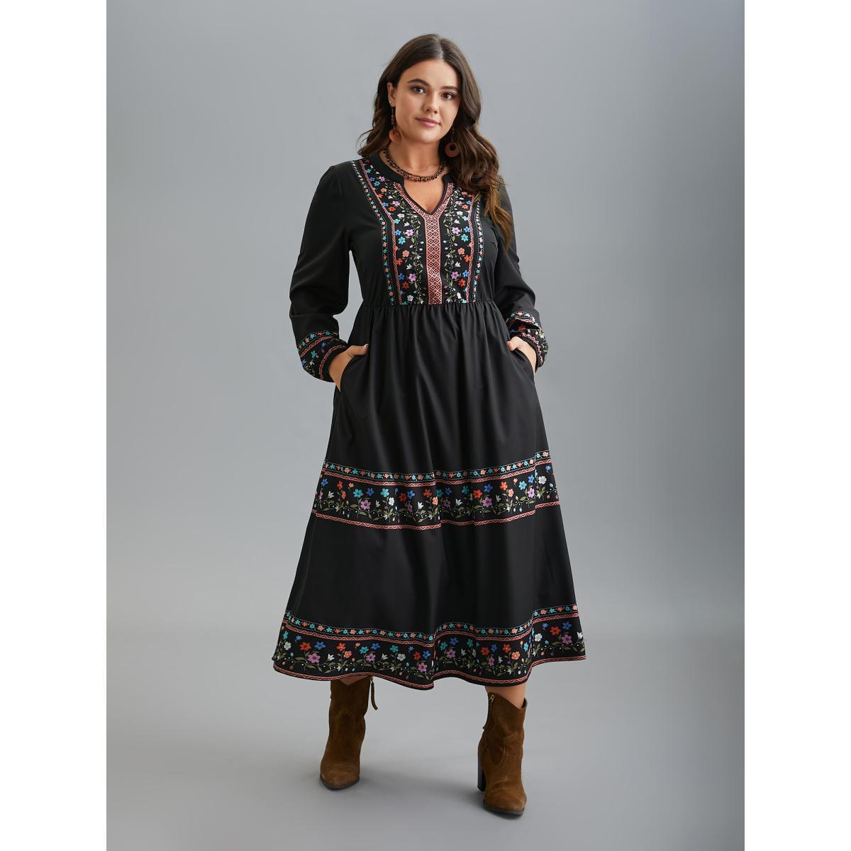 Plus Size Notched Collar Boho Print Midi Dress Black Women Resort Non Notched collar Long Sleeve Curvy BloomChic 28/5X Product Image