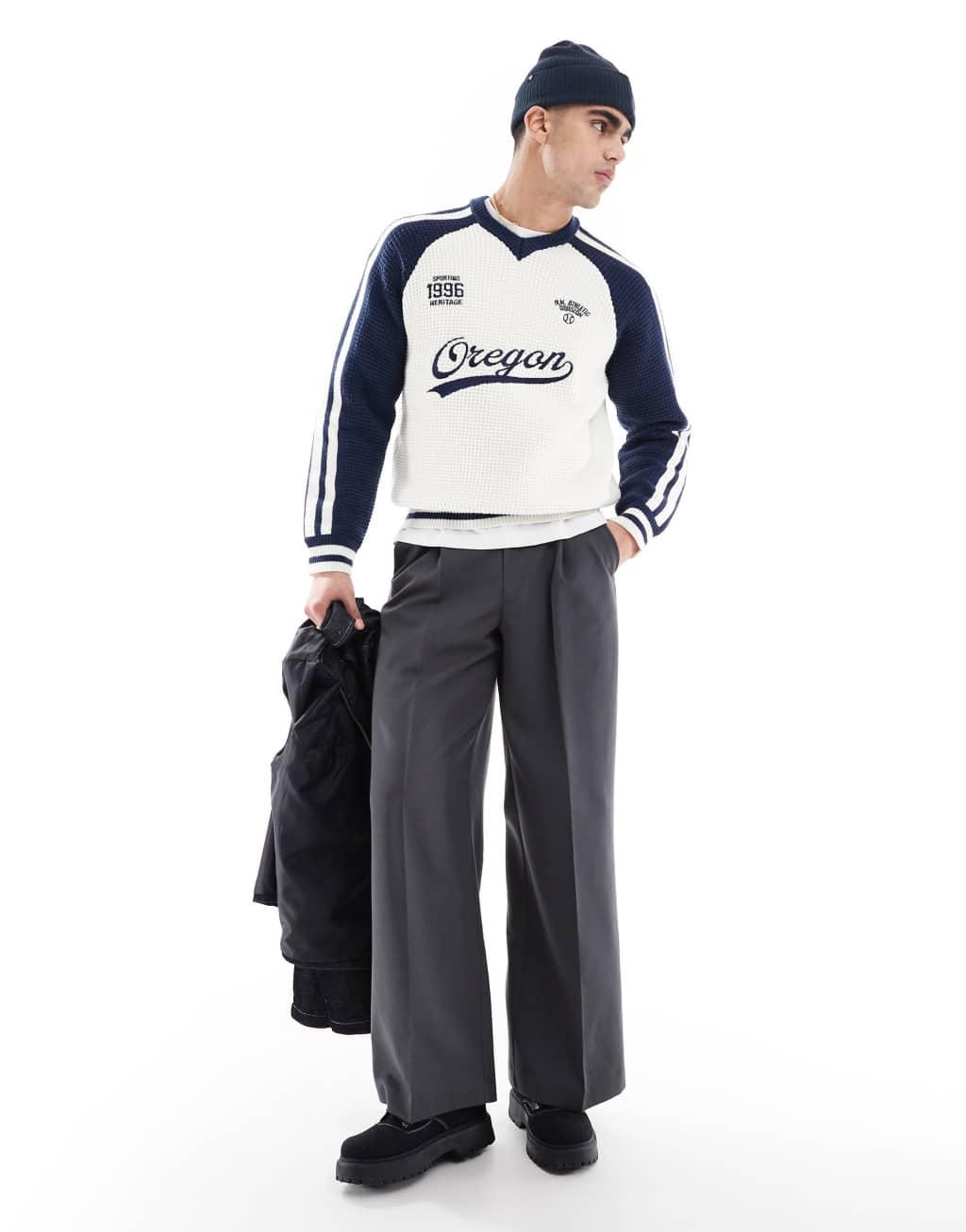 Bershka retro sports knit sweater in ecru Product Image