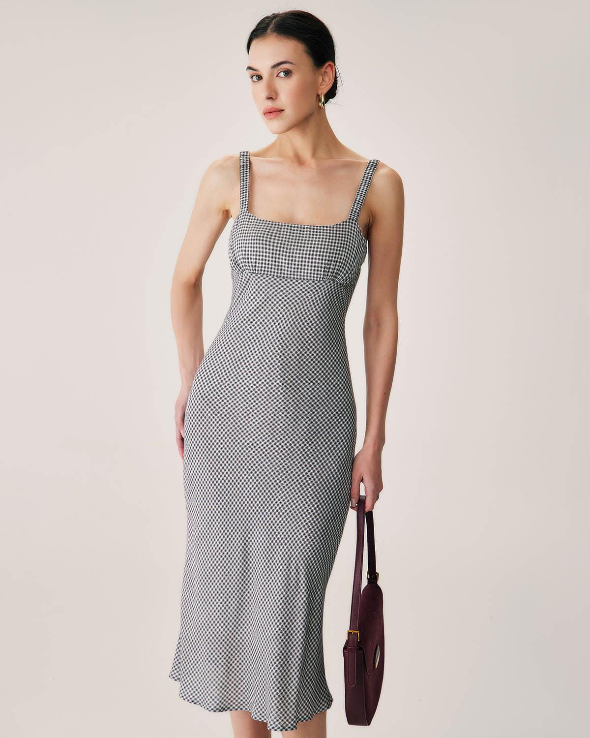 Black Plaid Ruched Slip Midi Dress Product Image