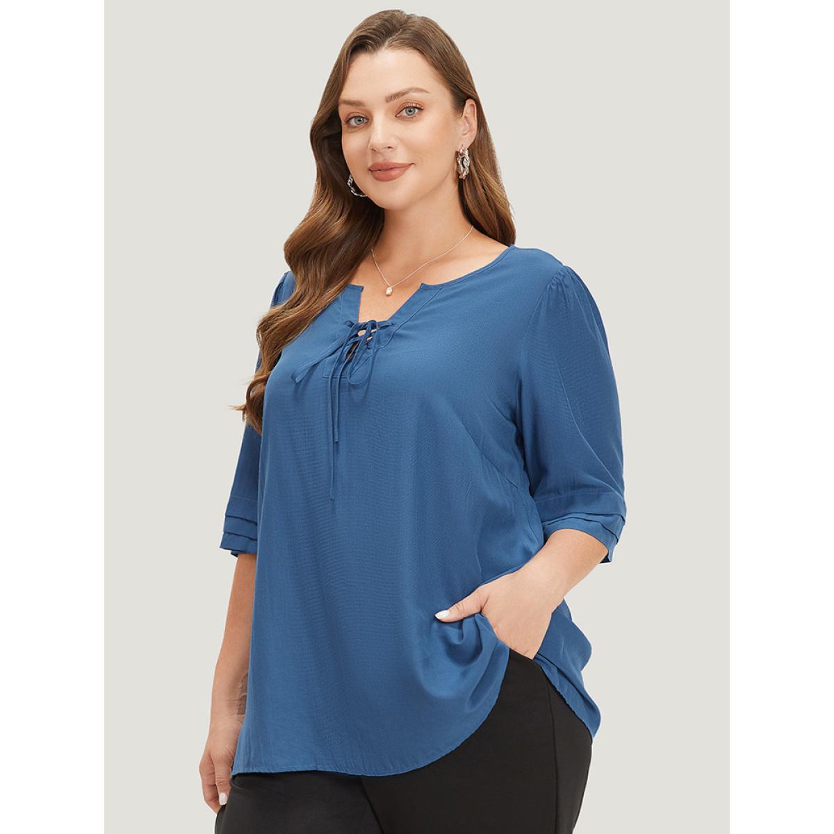 Plus Size Aegean Plain Knot Neck Half Sleeve Layered Blouse Women Office Half Sleeve Tie Neck Work Blouses BloomChic 18-20/2X Product Image