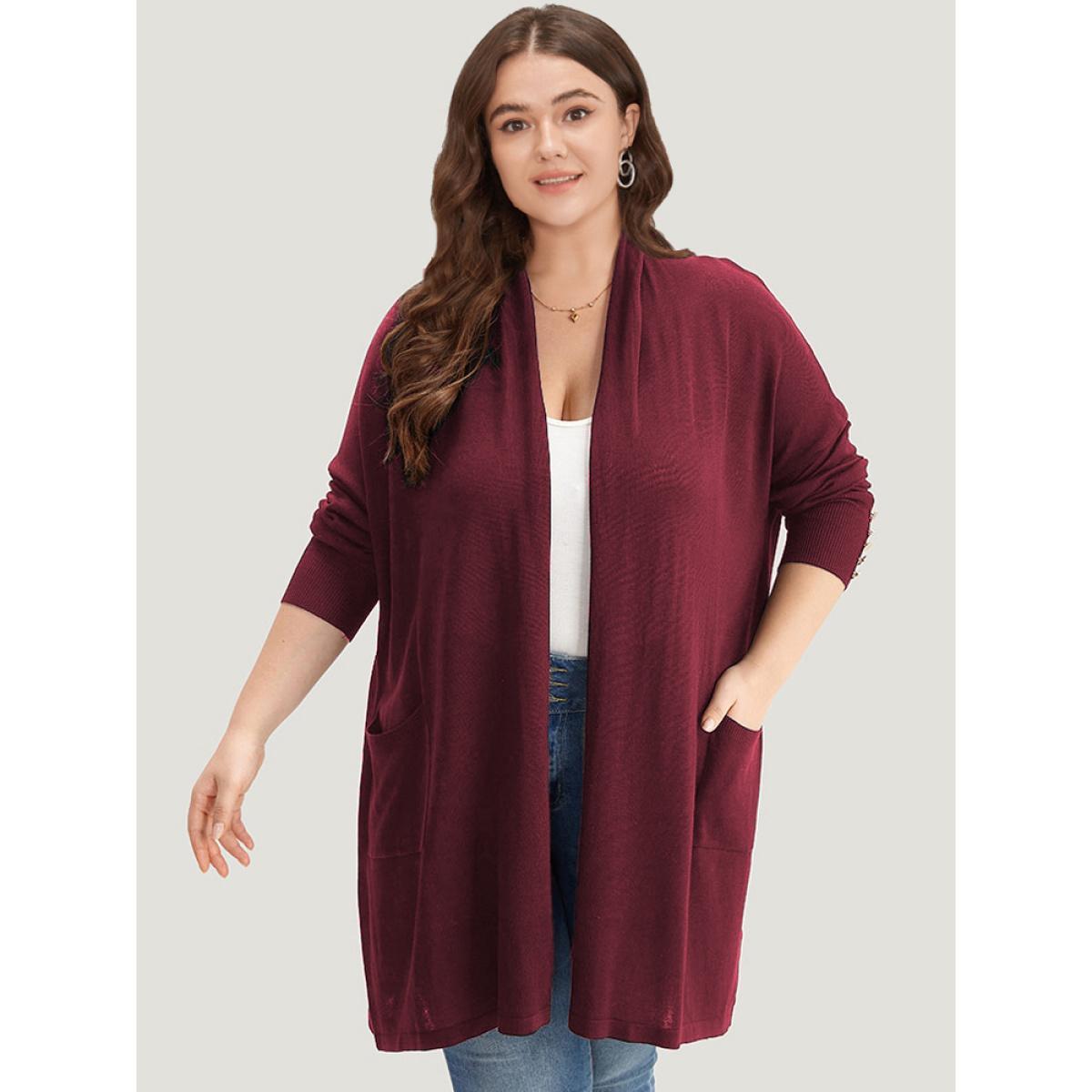 Plus Size Supersoft Essentials Button Detail Lapel Collar Cardigan Burgundy Women Basics Loose Long Sleeve Everyday Cardigans BloomChic 22-24/3X Product Image