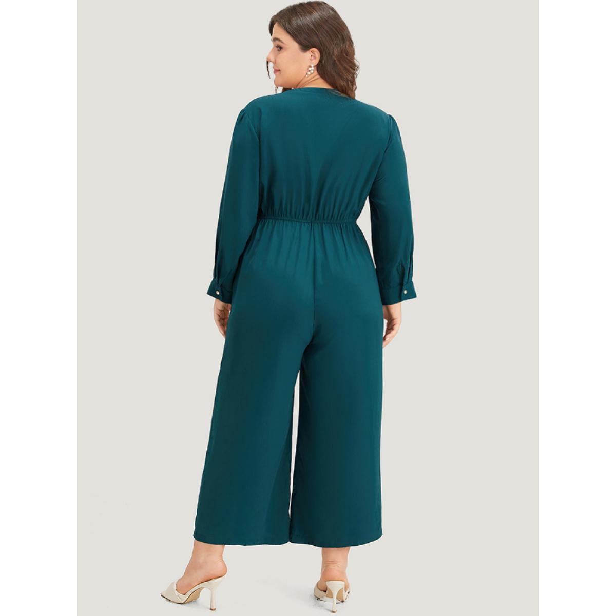 Plus Size Aegean Notched Zipper Gathered Drawstring Jumpsuit Women Office Long Sleeve Notched collar Work Loose Jumpsuits BloomChic 12/L Product Image