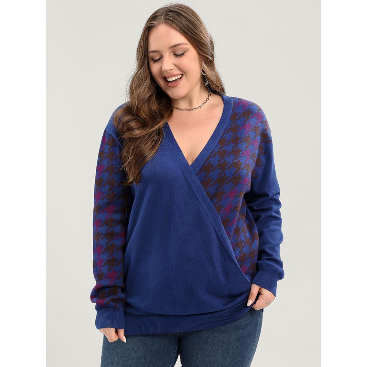 Plus Size Houndstooth Contrast Super Soft Knit Jacquard Wrap Knit Top Blue Women Elegant Loose Long Sleeve Deep V-neck Dailywear Pullovers BloomChic 18-20/2X Product Image