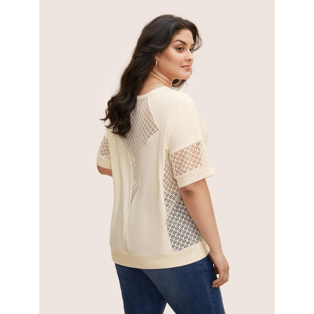Plus Size Solid Hollow Out Raglan Sleeve T-shirt Beige Women Casual Patchwork Round Neck Everyday T-shirts BloomChic 26/4X Product Image