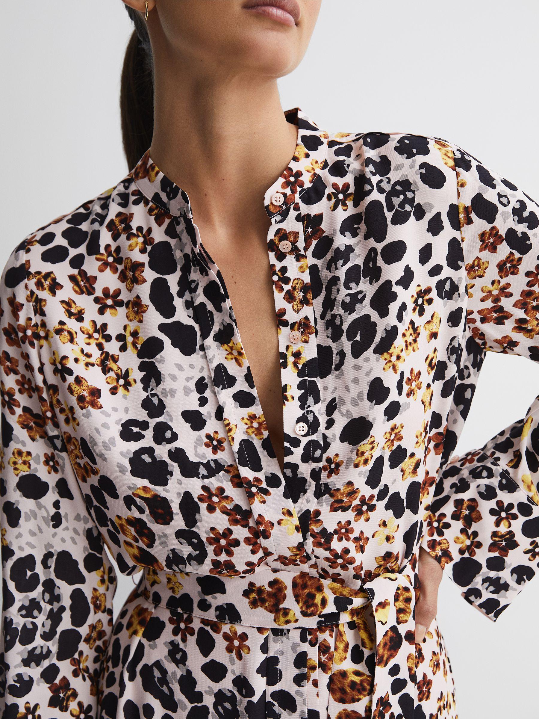 Animal Print Asymmetric Belted Dress in Nude/Black Product Image