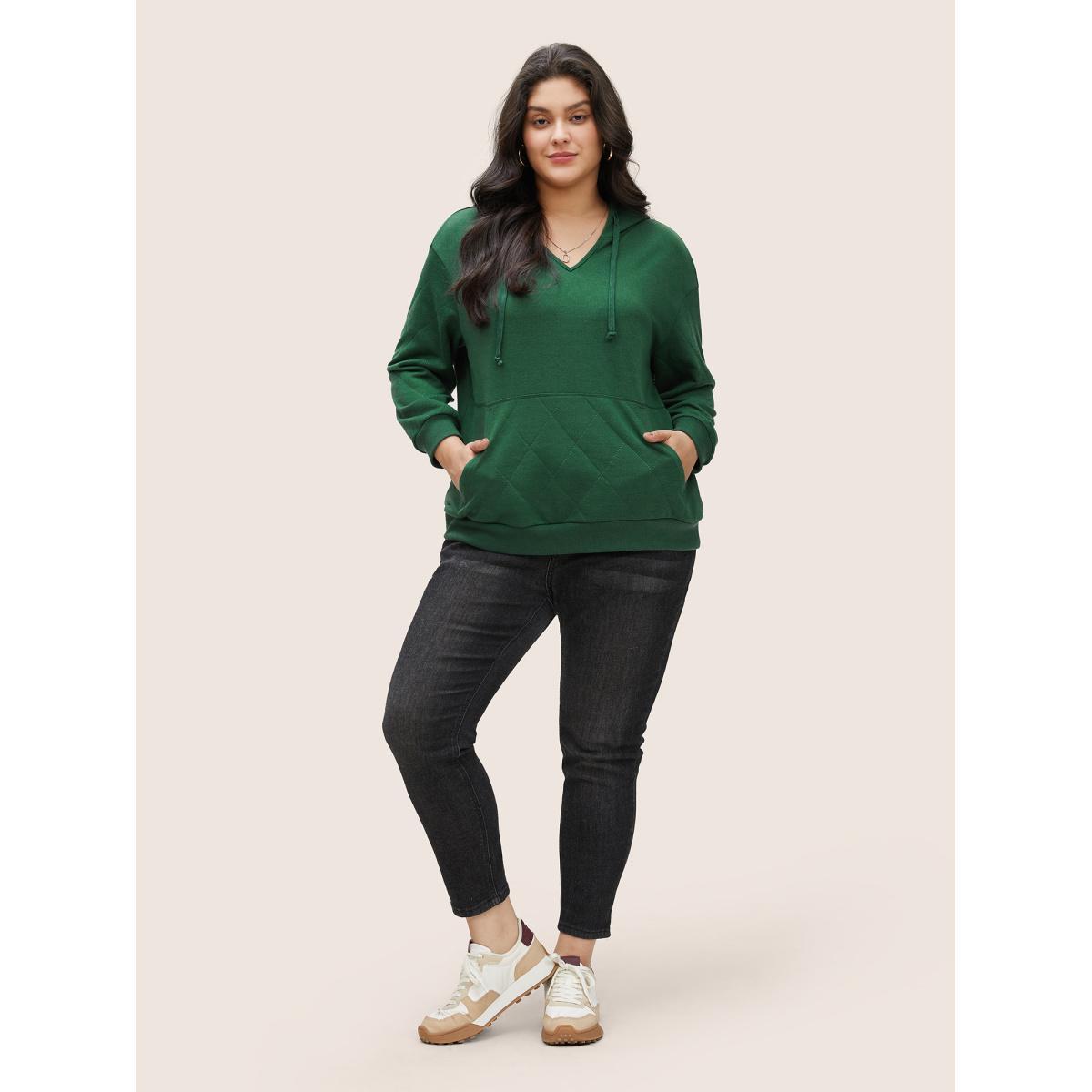 Plus Size Solid Quilted Kangaroo Pocket Hooded Sweatshirt Women Green Casual Non Hooded Everyday Sweatshirts BloomChic 12/L Product Image