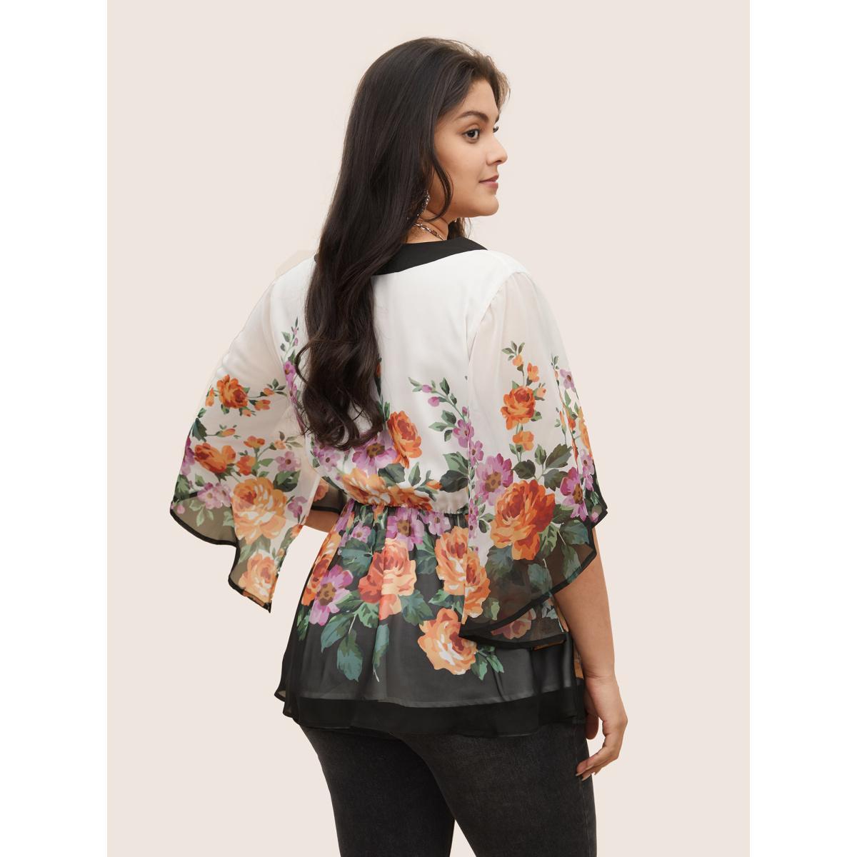 Plus Size Multicolor Floral Contrast Trim Elastic Waist Flutter Sleeve Blouse Women Cocktail Half Sleeve V-neck Party Blouses BloomChic 28/5X Product Image