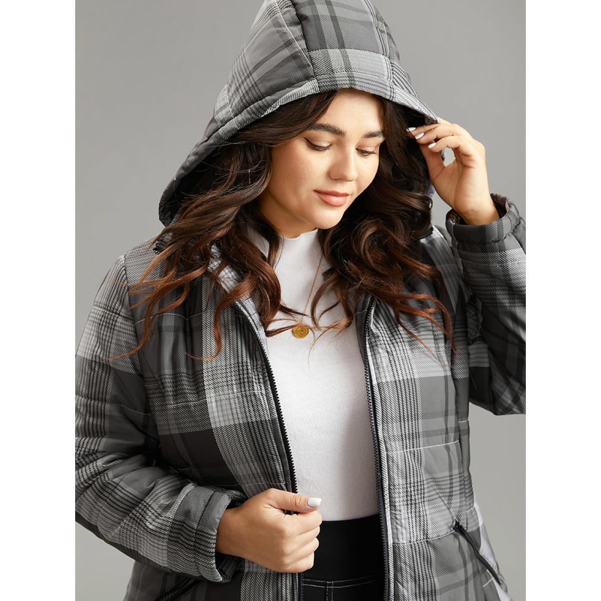 Plus Size Plaid Contrast Zipper Hooded Coat Women DimGray Casual Lined Ladies Dailywear Winter Coats BloomChic 14-16/1X Product Image