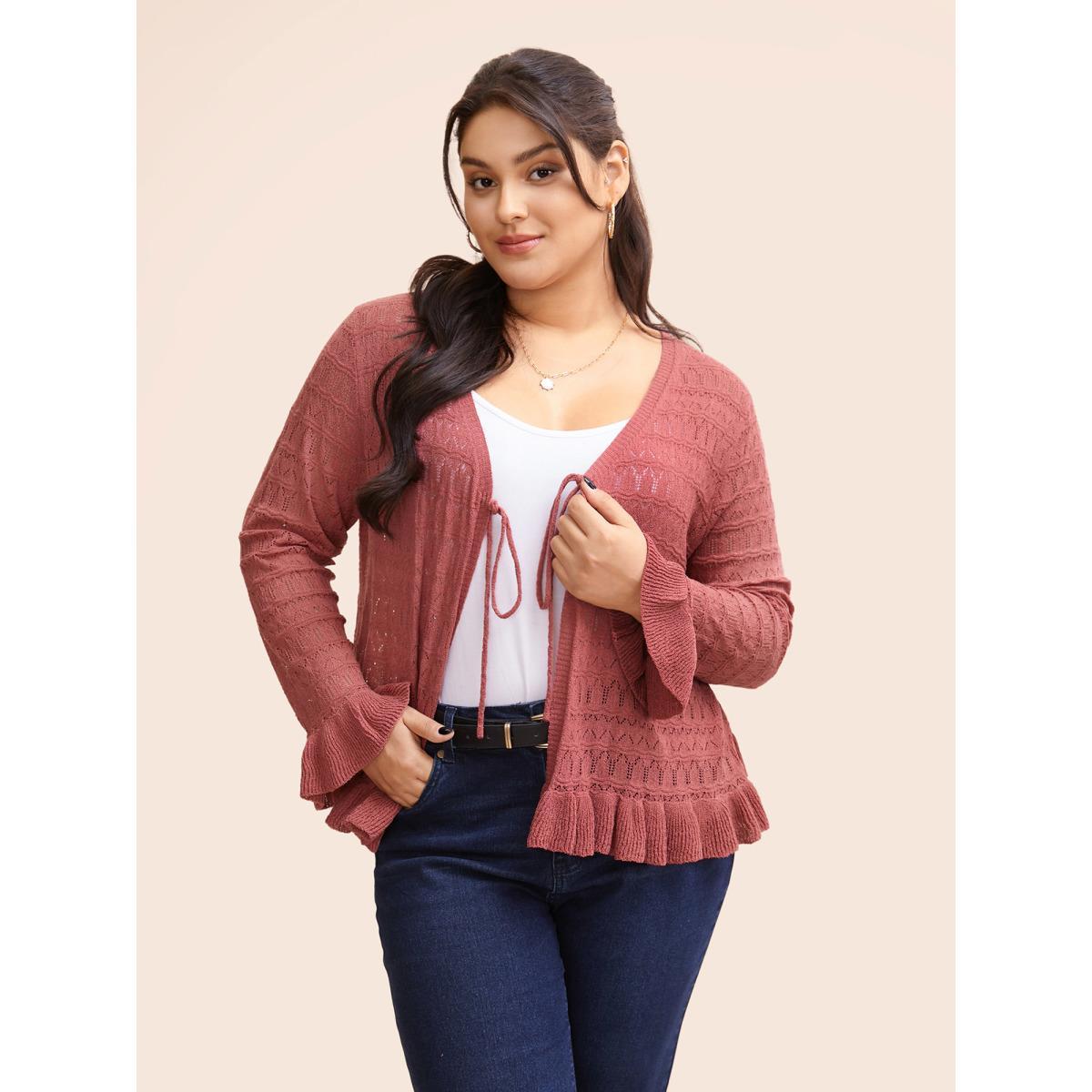 Plus Size Texture Ruffles Tie Knot Bell Sleeve Cardigan Beanpastepowder Women Casual Loose Long Sleeve Everyday Cardigans BloomChic 30/6X Product Image