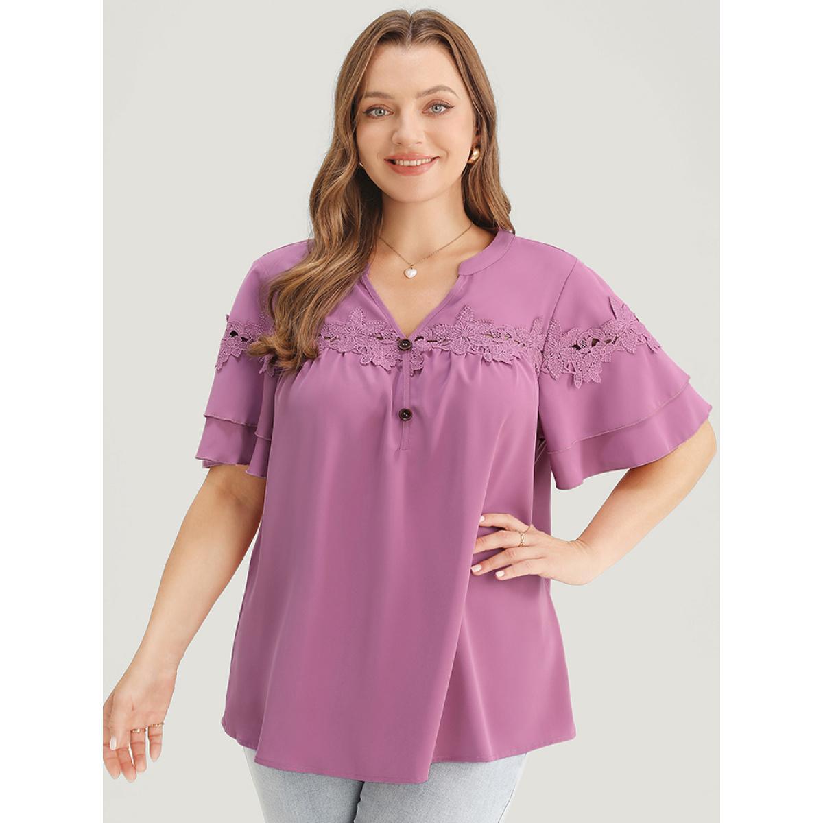 Plus Size Mauve Floral Patchwork Button Detail Ruffle Tiered Sleeve Blouse Women Elegant Short sleeve V-neck Dailywear Blouses BloomChic 28/5X Product Image