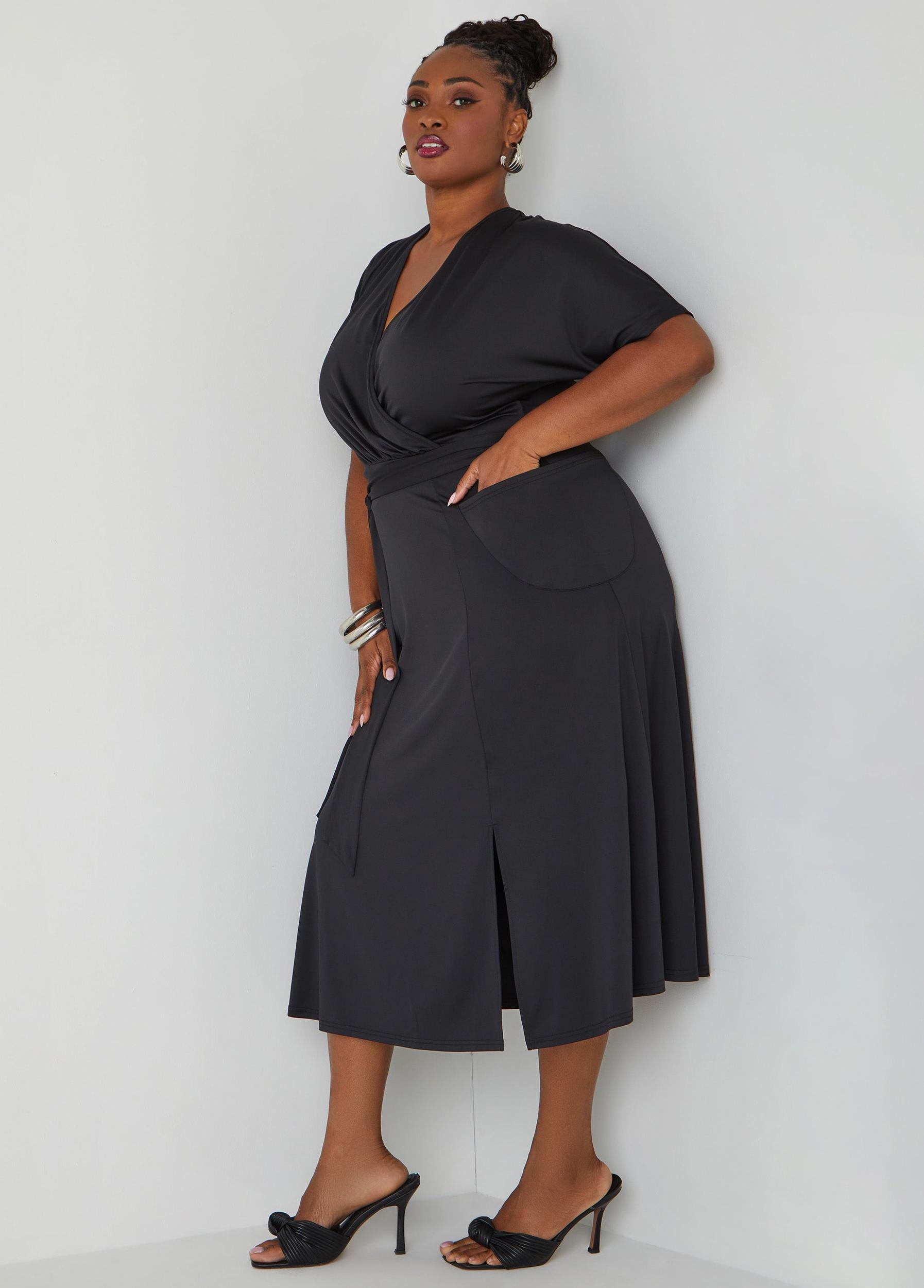 Belted Faux Wrap Midi Dress Product Image