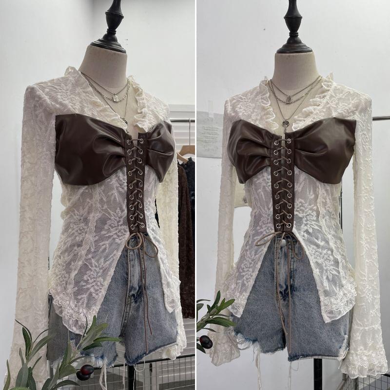 Long-Sleeve V-Neck Faux Leather Lace Top Product Image