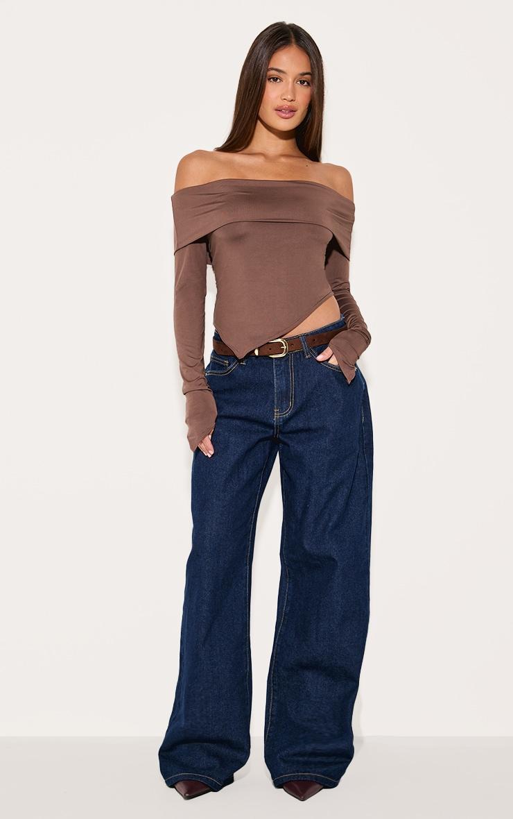 Taupe Slinky Bardot Asymmetric Long Top Product Image