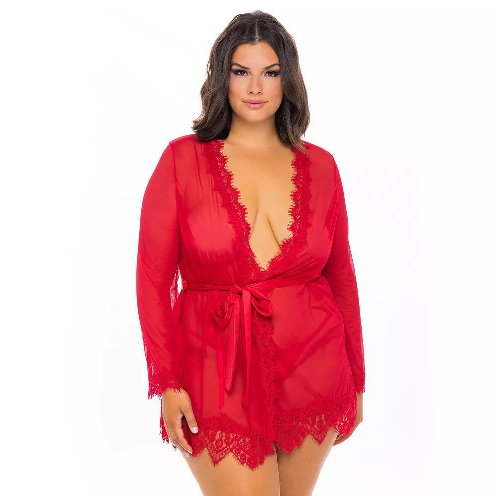 Plus Size Oh La La Cheri Provence Eyelash Lace Robe & G-String Set 94-11136X, Women's, Size: 3XL-4XL, White Product Image