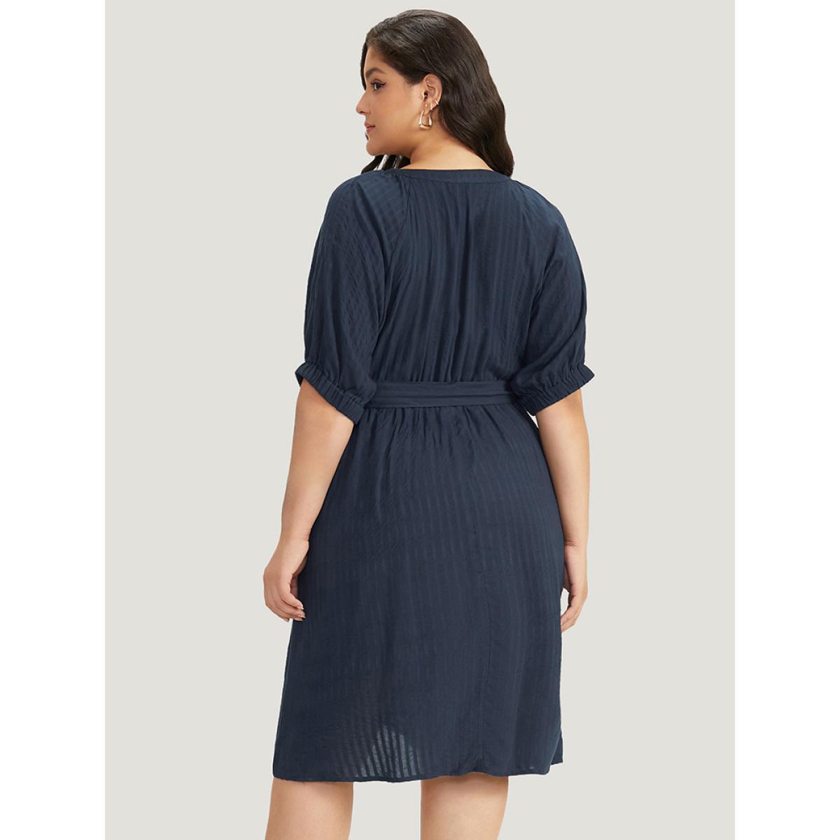 Plus Size Solid Button Through Notched Belted Dress Navy Women Office Elastic cuffs Notched collar Short sleeve Curvy Midi Dress BloomChic 26/4X Product Image