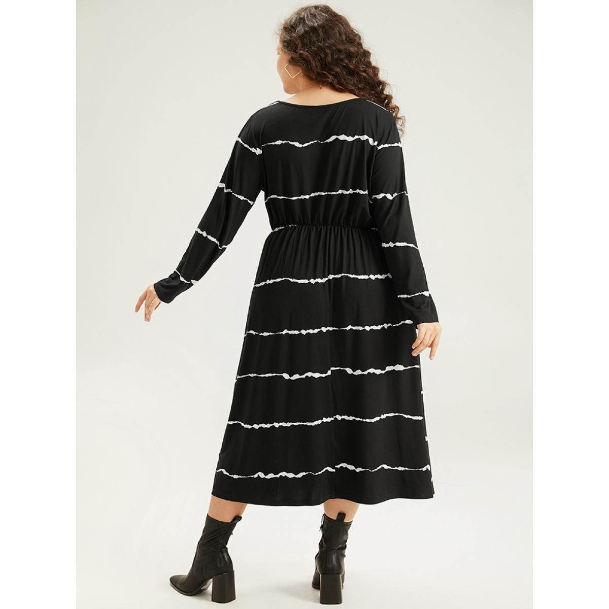 Plus Size Striped Print V Neck Elastic Waist Dress Black Women Casual Elastic Waist V-neck Long Sleeve Curvy Midi Dress BloomChic 14-16/1X Product Image