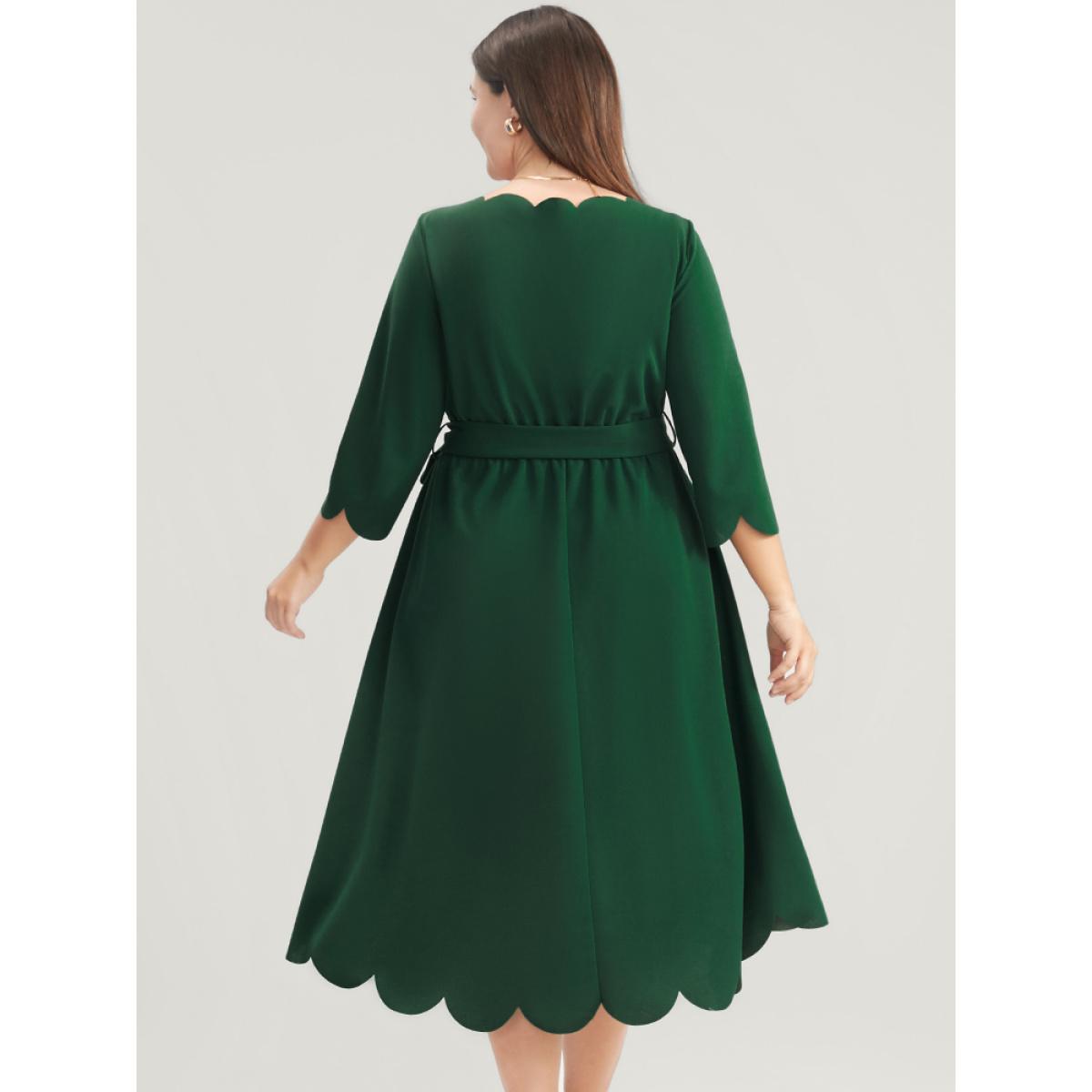 Plus Size Solid Pocket Scalloped Trim Belted Midi Dress Green Women Elegant Pocket Round Neck Elbow-length sleeve Curvy Midi Dress BloomChic 26/4X Product Image