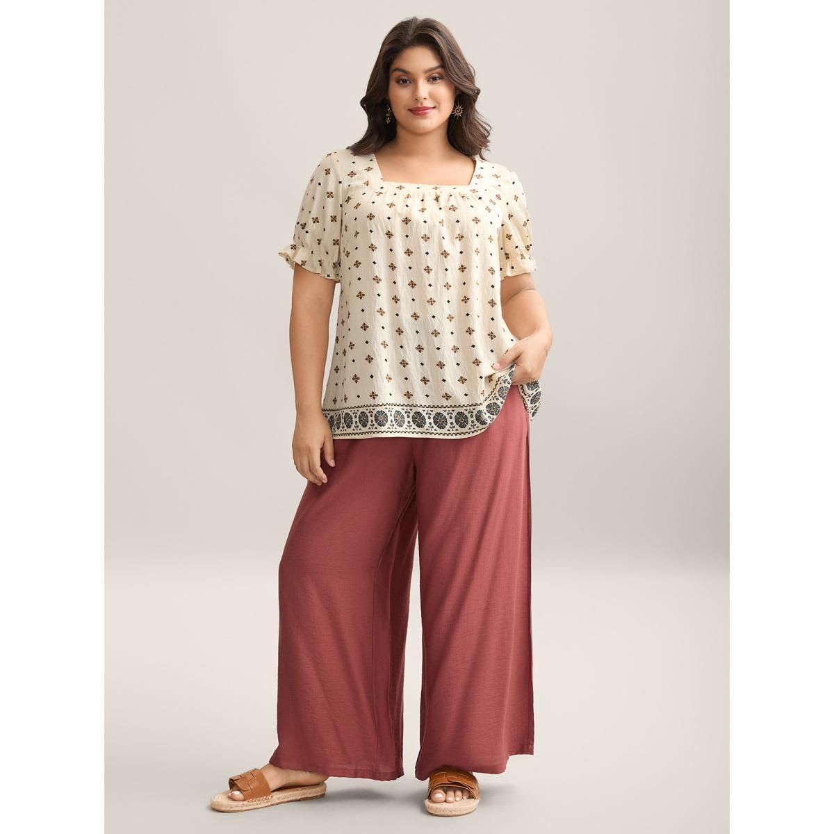 Plus Size Beige Rayon Embroidered Pleated Blouse Women Short sleeve Square Neck Vacation Blouses BloomChic 18-20/2X Product Image