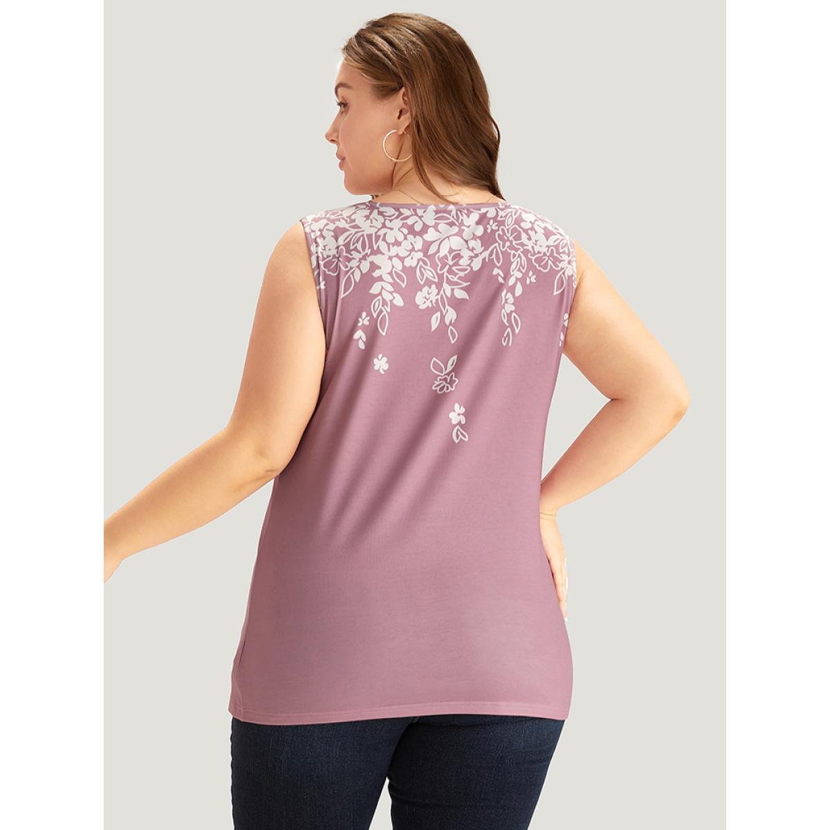 Plus Size Silhouette Floral Print V Neck Tank Top Women Pink Elegant Printed V-neck Dailywear Tank Tops Camis BloomChic 12/L Product Image