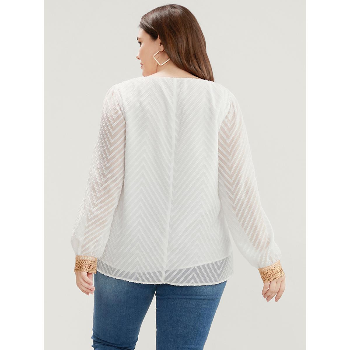 Plus Size Ivory Geometric Mesh Crochet Lace V Neck Blouse Women Elegant Long Sleeve V-neck Dailywear Blouses BloomChic 26/4X Product Image