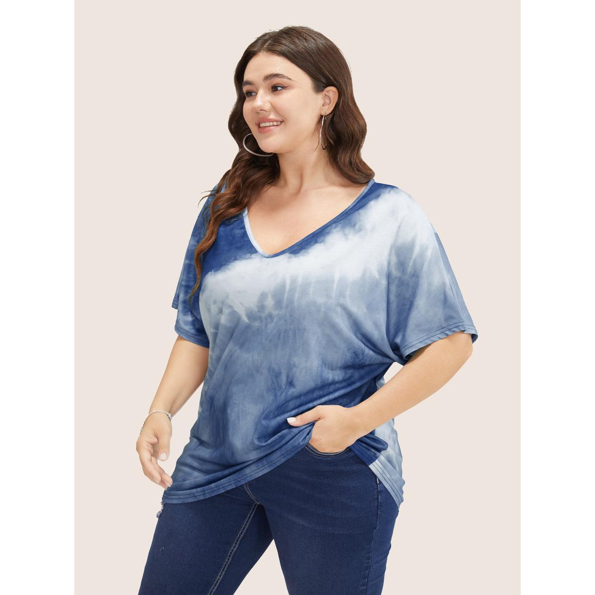 Plus Size Tie Dye Drop Shoulder V Neck T-shirt Navy Women Resort Tie Dye V-neck Vacation T-shirts BloomChic 22-24/3X Product Image