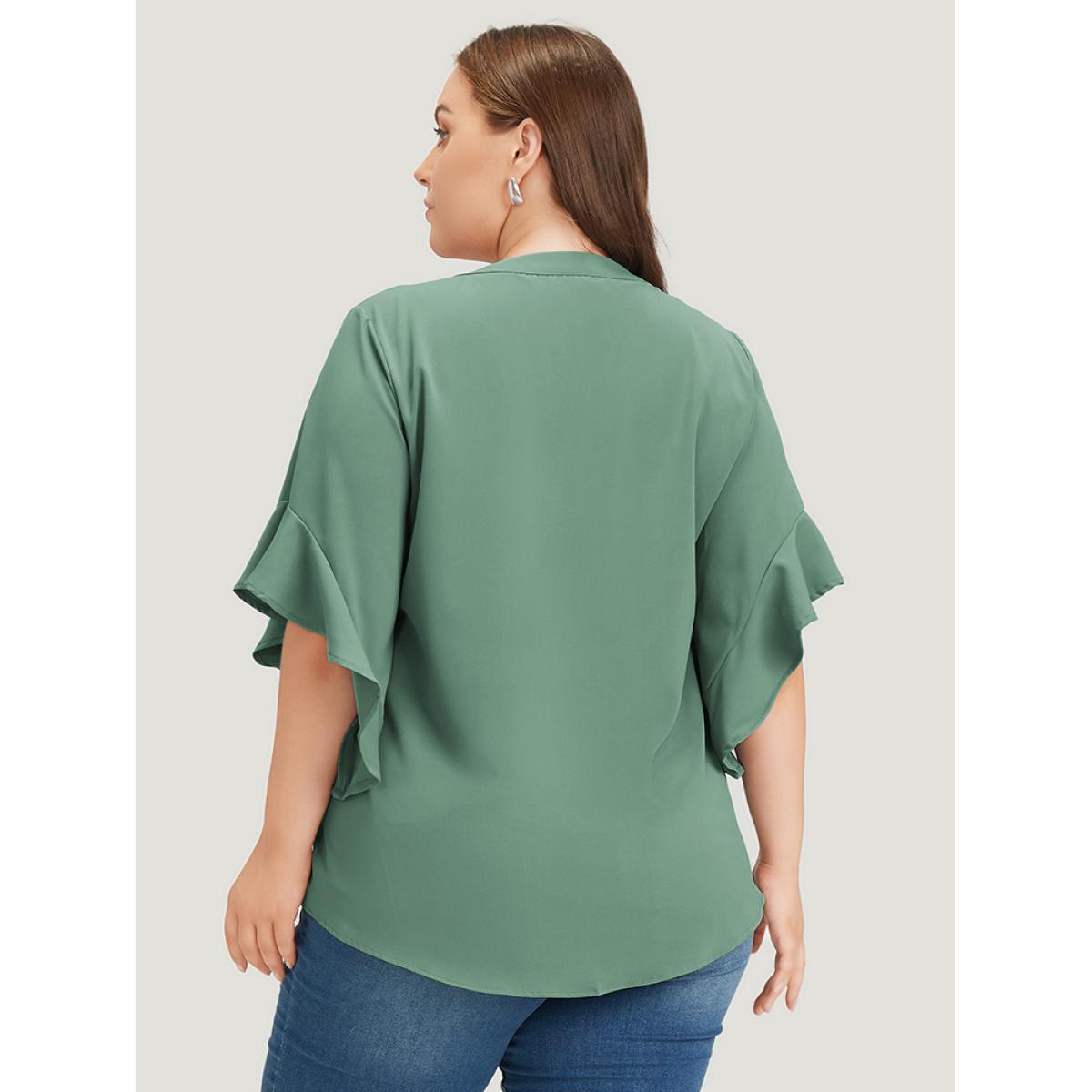 Plus Size Emerald Anti-Wrinkle Plain Notched Flutter Sleeve Button Up Blouse Women Office Short sleeve Notched collar Work Blouses BloomChic 10/M Product Image