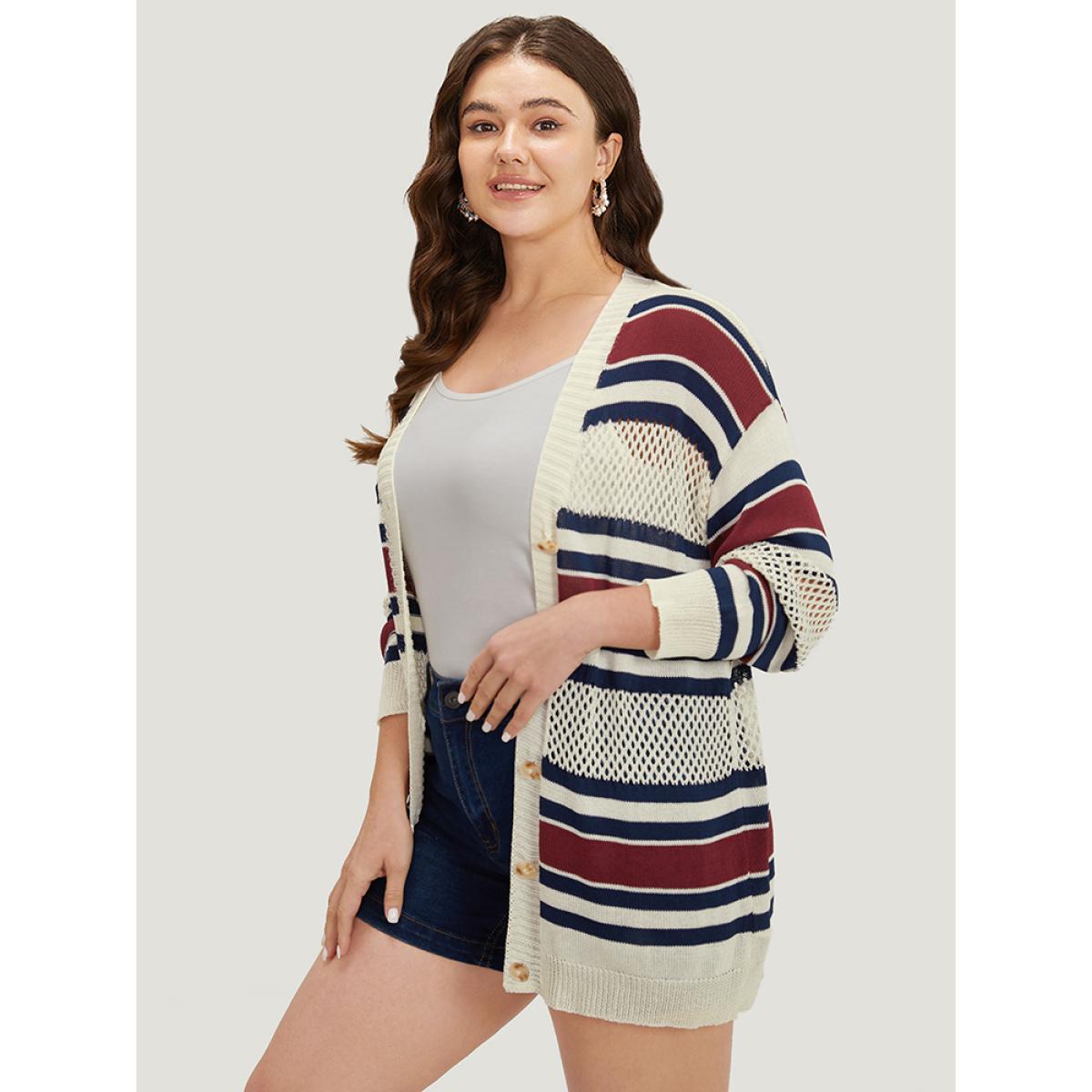 Plus Size Striped Hollow Out Patchwork Button Detail Cardigan Beige Women Casual Loose Long Sleeve Everyday Cardigans BloomChic 12/L Product Image